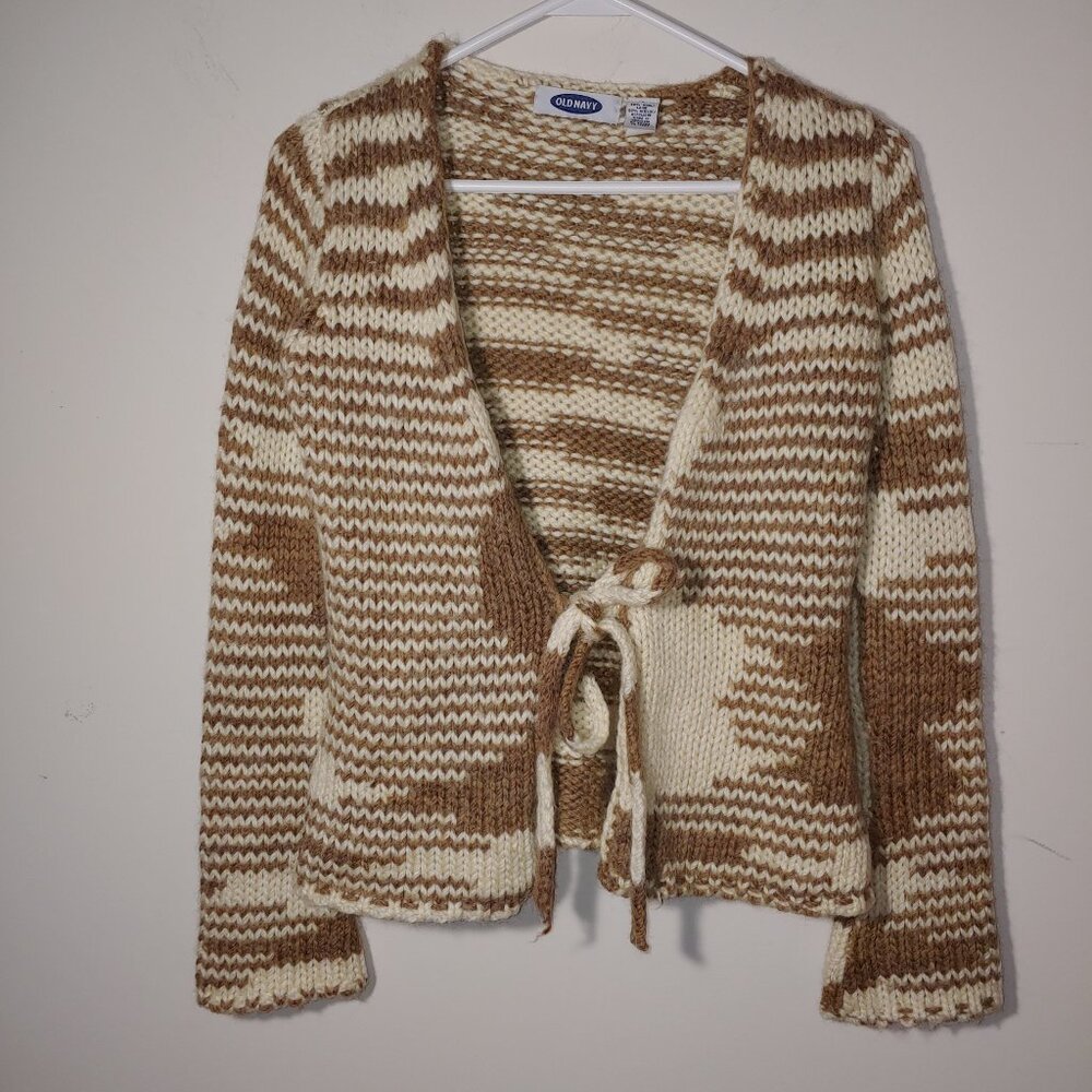 Old Navy Wool Blend 90s Tie Up Sweater Cardigan Size S Cream Tan